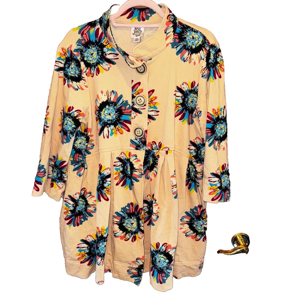 Ivy Jane Dress Womens XL  Ivory dress multicolor floral boho 1/2 Button Front